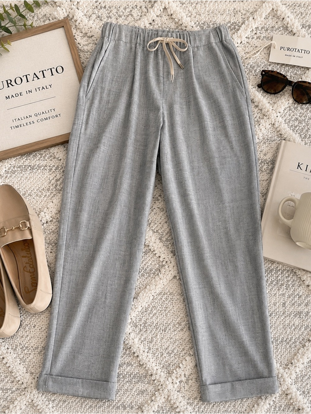 Purotatto Gray Textured Relaxed Comfy Pull On Pants Made in Italy Size 40 (US 4)